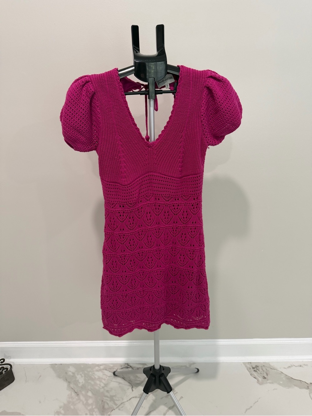 Freshman Fuchsia Crochet Puff-Sleeve Mini Dress